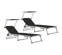 BOWEKAM Lot de 2 chaises longues pliantes avec toit en aluminium et textilène Noir