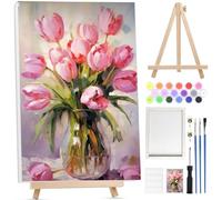 BOWETILE Fleurs Roses Peinture par Numéros pour Adultes Avec Cadre,Kit Paysage Peinture Numero pour Adultes Débutants Kit Toile avec Chevalet en Bois, DIY Peinture Acrylique pour Décoration 20x30cm