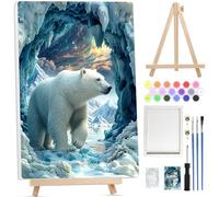 Bowetile Peinture par Numéros Ours Polaires Avec Cadre pour Adultes, Kit Animaux Peinture Numero Adulte Débutants Kit Toile avec Chevalet en Bois, DIY Peinture Acrylique pour Décoration 20x30cm