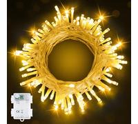Bowfar Guirlande lumineuse d'extérieur à piles, 10M 100 LED blanc chaud, avec minuterie de 6 h, étanche IP65, décoration pour intérieur, fête, Noël, camping, extérieure (câble transparent)