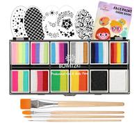 Bowitzki Face Paint 12x10 gm Professional Body Painting Kit For Kids Adults Stencil One Stroke Split Cake Non Toxic Rainbow Flora Dolphin Unicorn Flame Makeup Halloween Christmas Easter - Bright Set