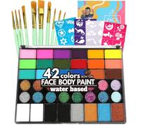 Bowitzki Face Paint Kit, Water-Based Non-Toxic Palette with 24 Colors, 16 Glitters, 32 Stencils & 10 Brushes, Professional Makeup for Party, Halloween, Carnival, Festival