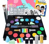Bowitzki Kit de peinture faciale pour enfants, 18 couleurs, gâteaux divisés, pinceaux, éponges, paillettes, pierres précieuses, pochoirs réutilisables, maquillage professionnel non toxique pour fête