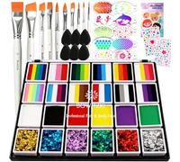 Bowitzki Kit de peinture pour le visage avec Glittle 24 couleurs - Pochoir professionnel - Non toxique - Arc-en-ciel - Flora - Dauphin - Licorne - Flamme - Maquillage de Noël ou Pâques