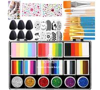 Bowitzki Kit de Peinture Visage Split Cake avec Glittle 18 Couleurs Ensemble Professionnel de Peinture Corporelle Matrice One Stroke Non Toxique Arc-en-ciel Flore Dauphin Licorne Flamme Maquillage
