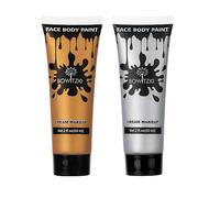 Bowitzki Maquillage Crème Visage et Corps 60ml 2oz - Peinture pour le visage et le corps à base d'eau - Effets spéciaux pour adultes - Halloween, Noël, fête, scène, cosplay (Or+Argent)