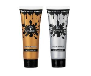 Bowitzki Maquillage Crème Visage et Corps 60ml 2oz - Peinture pour le visage et le corps à base d'eau - Effets spéciaux pour adultes - Halloween, Noël, fête, scène, cosplay (Or+Argent)
