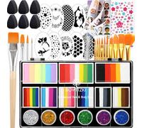 Bowitzki Split Cake Kit de peinture professionnelle pour le corps avec paillettes 18 couleurs - Stencil One Stroke Non Toxique Rainbow Flora Dolphin Unicorn Flame Maquillage de Noël - Couleur