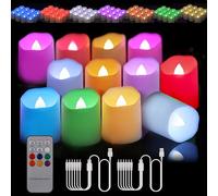 BOWKA 12 PCS rechargeable LED Bougies chauffe-plat Warm RGB avec télécommande - Minuterie sans flamme dimmable - Avec câble USB - Pour Noël, fêtes, mariages, Halloween, Déco (RGB)