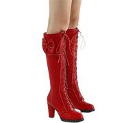 Bowknot Bottes Hautes Femmes Genou Haut Lacets Bottes à Talons Cosplay Lolita Longue Tige Bottes D’Hiver PU Cuir Bottes De Neige avec Fermeture éclair Fête, Red, 5.5 UK