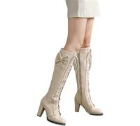 Bowknot Bottes Hautes Femmes Genou Haut Lacets Bottes à Talons Cosplay Lolita Longue Tige Bottes D’Hiver PU Cuir Bottes De Neige avec Fermeture éclair Fête, Red, 7 UK