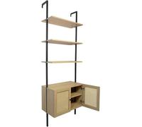 Box and beyond - Étagère de Rangement - 60 x 35 x 184 cm - Bois et Métal Noir - Fixation Murale - avec Commode en Bois et Cannage - 3 Étagères - Salon, Salle à Manger, Chambre - Style Bohème