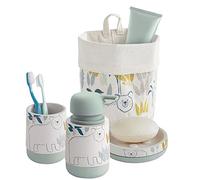 Box and beyond - Lot Accessoires de Salle de Bain - Distributeur de Savon, Porte Brosse à Dents, Porte Savon, 1 Pochon - Polyrésine et Polycoton - Motif Ourson