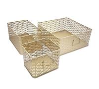 Box and beyond - Lot de 3 Paniers de Rangement - 32 x 32 x 14 cm - Métal Doré - Motif Cannage - Rangement, Déco - Cuisine, Séjour, Salle de bain, Salon, Chambre - Style Moderne et Chic