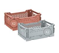 Box and beyond - Lot de 4 Caisses de rangement pliables - Cagettes plastique empilables - Caisse pliante avec poignée - Cuisine, chambre à coucher, bureau (Gris et Terracotta, 40 x 30 x 15 cm)