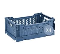 Box and beyond - Lot de 4 Caisses de rangement pliables - Cagettes plastique empilables - Caisse pliante avec poignée - Cuisine, chambre à coucher, bureau (Bleu, 27 x 17 x 10,5 cm)