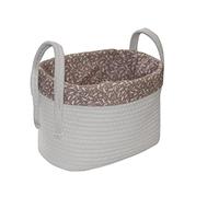 Box and beyond Panier de Rangement en Corde Coton Blanc - Intérieur en Polyester Taupe - Joli imprimé végétal - 2 Grandes poignées - 30x20x20cm