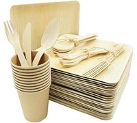 Box and Tree| 125 Pièces Vaisselle Jetable en Palmier 25x Assiettes, 75 Couverts en bois bambou -25 Gobelets