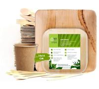 BOX And Tree| 150 Pièces Vaisselle Jetable en Feuilles de Palmier- 50x Assiettes,75 Couverts (fourchette+couteau+cuillere) -25 Gobelets,Aspect Bois Naturel, Bambou