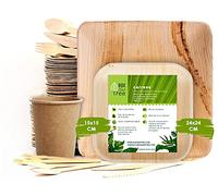 Box and Tree| 150 Pièces Vaisselle Jetable en Palmier 50x Assiettes, 75 Couverts en bois bambou(fourchette + couteau + cuillere) -25 Gobelets, Assiettes en Feuilles de Palmier Compostable & Neutre
