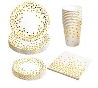 Box and Tree| 80 pièces Vaisselle Anniversaire , Assiettes Dorées et Blancs Or en Carton, Serviettes, Gobelet et couverts en bois Vaisselle pour Mariage, Noces, Noël et Fêtes, 20 invités