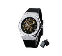 (BOX SILVER BLK GOLD) WINNER Montre mécanique automatique pour homme Bracelet en caoutchouc Cadran squelette