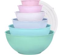 BoxedHome Lot de 12 bols mélangeurs réutilisables avec couvercle - En plastique - Antidérapants - Empilables - Pour la cuisine (6 bols et 6 couvercles) - Rose et vert