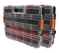 Boxer® Boîte de rangement avec 15 compartiments - Lot de 2 | Coffret de rangement outils en plastique PP avec séparateurs ajustables 37,4x29,4x6,6 cm - Noir/orange/transparent