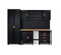 Boxer® Ensemble de meubles d'atelier en acier et bois - Avec établi, armoire haute, armoire supérieure, armoires à roulettes et murs à outils - Pieds réglables en hauteur - Pour garage et atelier