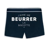 Boxer Homme Humour J'aime me beurrer la biscotte - Imprimé en France - Caleçon Homme Drole et Rigolo - Cadeau Humour Anniversaire Original (Marine, L)