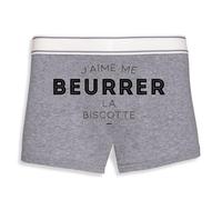 Boxer Homme Humour J'aime me beurrer la biscotte - Imprimé en France - Caleçon Homme Drole et Rigolo - Cadeau Humour Anniversaire Original (Gris, L)