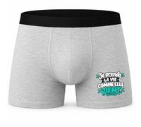 Boxer Homme Je Prends la Vie comme Elle Vient. Expressions Françaises | Turquoise | Caleçon Coton Gris Motif Devant Coutures Plates S à 5XL | Idée Cadeau Fête des Pères Noël