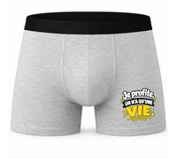 Boxer Homme Je Profite, on n'a qu'une Vie. Expressions Françaises | modèle 1 | Caleçon Coton Gris Motif Devant Coutures Plates S à 5XL | Idée Cadeau Fête des Pères Noël
