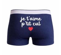 Boxer Homme Je t'aime p'tit Cul, Bleu Marine, 95% Coton Bio 5% Élasthanne, Fabriqué au Portugal (FR/ES, Alpha/Lettres, 3TG, Taille Normale, Taille Normale)
