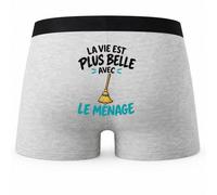 Boxer Homme La Vie est Plus Belle avec Le ménage | Caleçon Coton Gris Motif au Dos Coutures Plates S à 5XL | Idée Cadeau Fête des Pères Noël