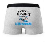 Boxer Homme La Vie est Plus Belle avec Le Ski-Alpinisme | Caleçon Coton Gris Motif au Dos Coutures Plates S à 5XL | Idée Cadeau Alpiniste Fête des Pères Noël