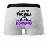Boxer Homme La Vie est Plus Belle avec Le Snowboard | modèle 1 | Caleçon Coton Gris Motif au Dos Coutures Plates S à 5XL | Idée Cadeau Snowboardeur Fête des Pères Noël