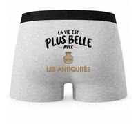 Boxer Homme La Vie est Plus Belle avec Les antiquités | modèle 2 | Caleçon Coton Gris Motif au Dos Coutures Plates S à 5XL | Idée Cadeau Antiquaire Fête des Pères Noël