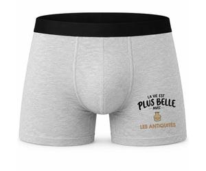 Boxer Homme La Vie est Plus Belle avec Les antiquités | modèle 2 | Caleçon Coton Gris Motif Devant Coutures Plates S à 5XL | Idée Cadeau Antiquaire Fête des Pères Noël
