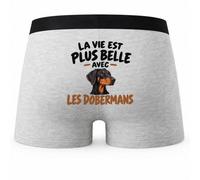 Boxer Homme La Vie est Plus Belle avec Les Dobermans | modèle 1 | Caleçon Coton Gris Motif au Dos Coutures Plates S à 5XL | Idée Cadeau Propriétaire Chien Fête des Pères Noël
