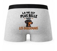 Boxer Homme La Vie est Plus Belle avec Les Dobermans | modèle 3 | Caleçon Coton Gris Motif au Dos Coutures Plates S à 5XL | Idée Cadeau Propriétaire Chien Fête des Pères Noël
