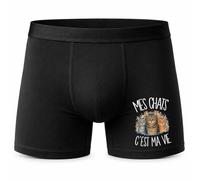 Boxer Homme Mes Chats C'est ma Vie C'est La Vie | Caleçon en Coton Noir avec Motif Devant et Coutures Plates | S à 5XL | Cadeau Propriétaire Chat Anniversaire Fête des Pères