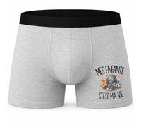 Boxer Homme Mes Enfants C'est ma Vie | Caleçon en Coton Gris avec Motif Devant et Coutures Plates | S à 5XL | Cadeau Parent Anniversaire Fête des Pères