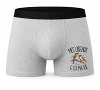 Boxer Homme Mes Oiseaux C'est ma Vie | Caleçon en Coton Gris avec Motif Devant et Coutures Plates | S à 5XL | Cadeau Passionné d'oiseaux Anniversaire Fête des Pères