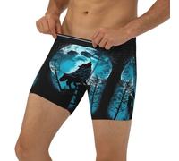 Boxer long pour homme - Bleu pleine lune loup avec bande élastique, noir, Small