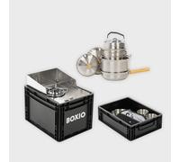 BOXIO - COOK Max+ : Ensemble complet de réchaud de camping avec espace de rangement, pare-vent, set de casseroles de camping & vaisselle de camping, réchaud à gaz pour camping, plein air, vanlife