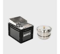 BOXIO Cook Plus : kit de démarrage pour réchaud de camping avec espace de rangement, protection contre le vent et kit de casseroles de camping, cartouches de gaz, réchaud de camping pour le camping