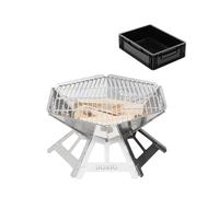 BOXIO - Fire : brasero en acier inoxydable avec grille de cuisson - Cheminée octogonale d'extérieur et barbecue de camping, petit brasero avec protection contre les étincelles, mini tonneau à feu et