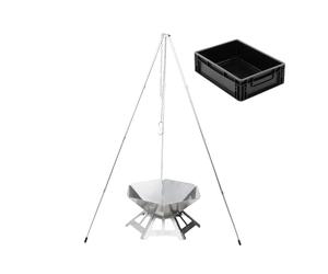 BOXIO - Fire Bundle : brasero en acier inoxydable avec grille de cuisson et trépied - Cheminée octogonale d'extérieur et barbecue de camping, petit brasero avec protection anti-étincelles, mini panier