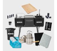BOXIO - Kitchen Bundle Plus : cuisine de camping mobile sans électricité avec boîte de cuisson, lavabo, réchaud à gaz et table avec accessoires d'extérieur, set de casseroles, planche à découper